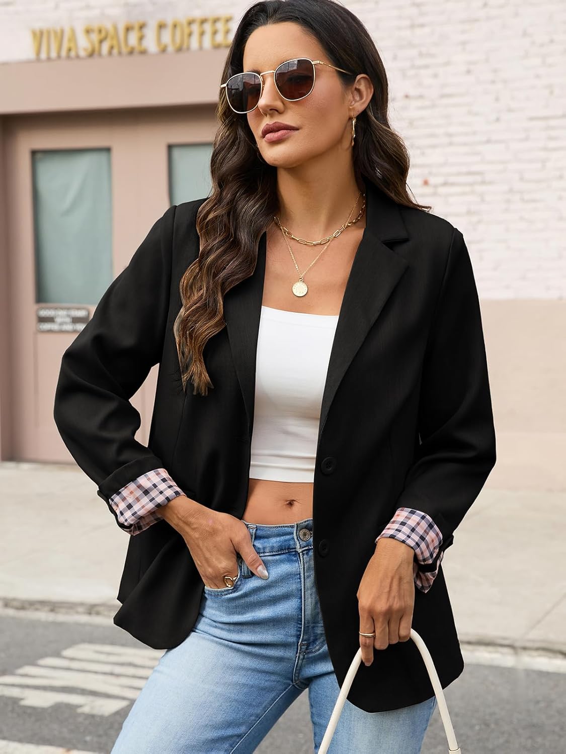 Women's Business Casual Blazer Long Sleeve Lapel Open Front Suit Work Jacket Button Front Lapel Blazer with Pockets