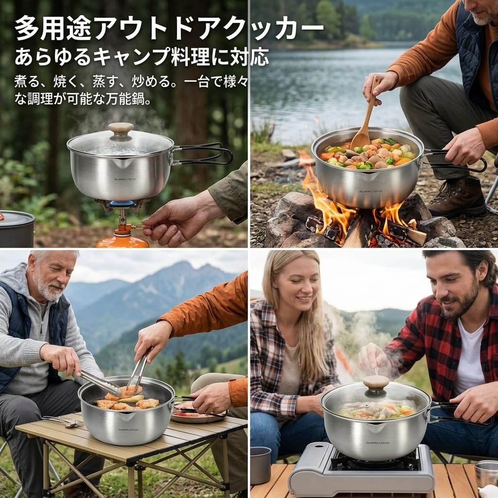 1 Olla Colgante Juego de Utensilios Acero Inoxidable Camping Antiadherente Tapa de Cristal 5200ml Práctica para Comidas al Aire Libre Viajes Familiares, cazuela cocción acero triple e