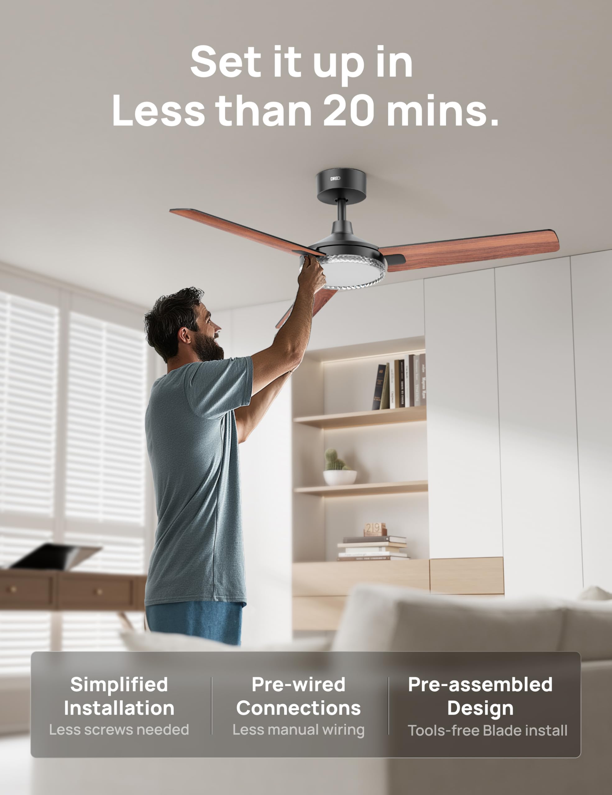 Dreo Inteligentny wentylator sufitowy 132 cm ze światłem, 12 prędkości i 3 trybami, regulowana temperatura, ściemniana dioda LED, timer 1-12 h, cichy silnik prądu stałego, aplikacja, Alexa i