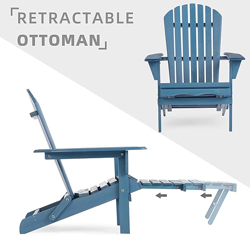 Miniatura 5 de Silla Adirondack plegable de madera para exteriores con otomana retráctil, silla de patio de madera con reposapiés para jardín, patio trasero,