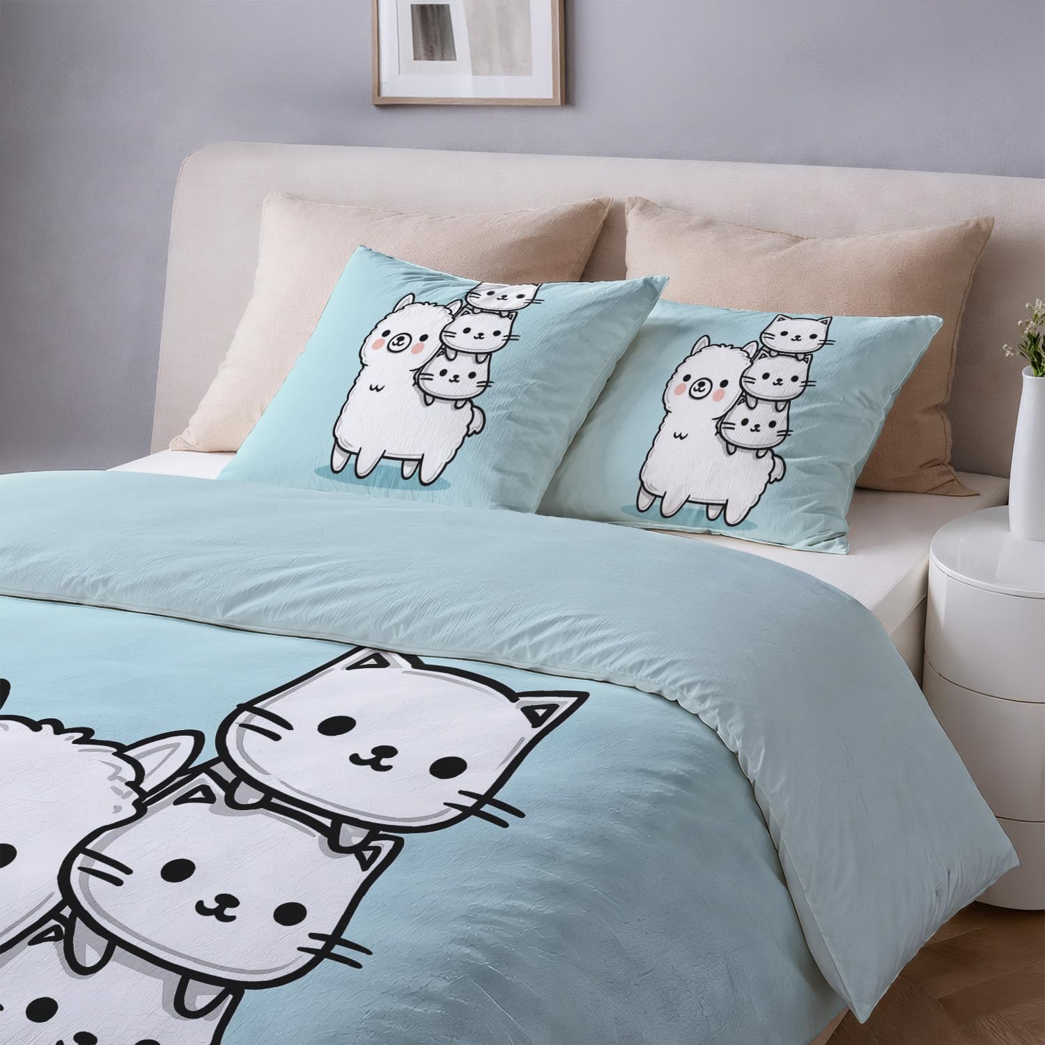 Generico Niebieskie niebo kreskówka zwierzęta alpaka koty urocze 3-częściowy zestaw pościeli 240 x 220 cm - zestaw pościeli z miękkiej mikrofibry, z zamkiem błyskawicznym i poszewkami na poduszki