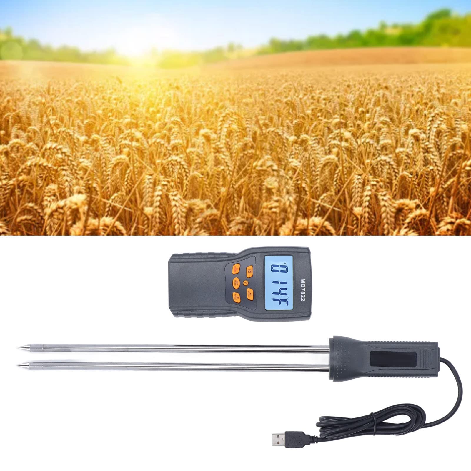 Medidor de humedad con sensor de sonda dual, probador de humedad digital con pantalla LCD retroiluminada para 14 variedades, incluidos trigo, maíz y arroz