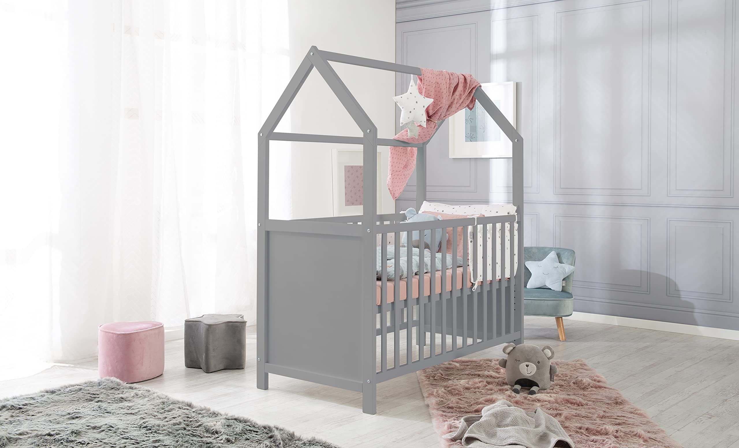 roba Lettino a Forma di Casa 60 x 120 cm - Certificato FSC - Culla Co-sleeping - Regolazione in 6 Altezze Diverse - Trasformabile - Legno Laccato Grigio