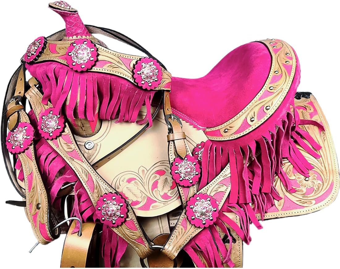 Classic Barrel Racing Western Horse Saddle Starter Kit Pink/Beige Leather English Riding Horse Saddle Tack Set Equestrian Horse Riding Saddle Combo Pack Set of 4 pcs