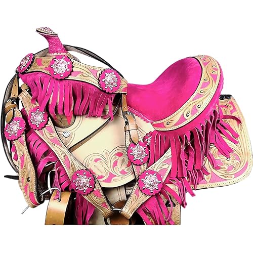 Classic Barrel Racing Western Horse Saddle Starter Kit Pink/Beige Leather English Riding Horse Saddle Tack Set Equestrian Horse Riding Saddle Combo Pack Set of 4 pcs