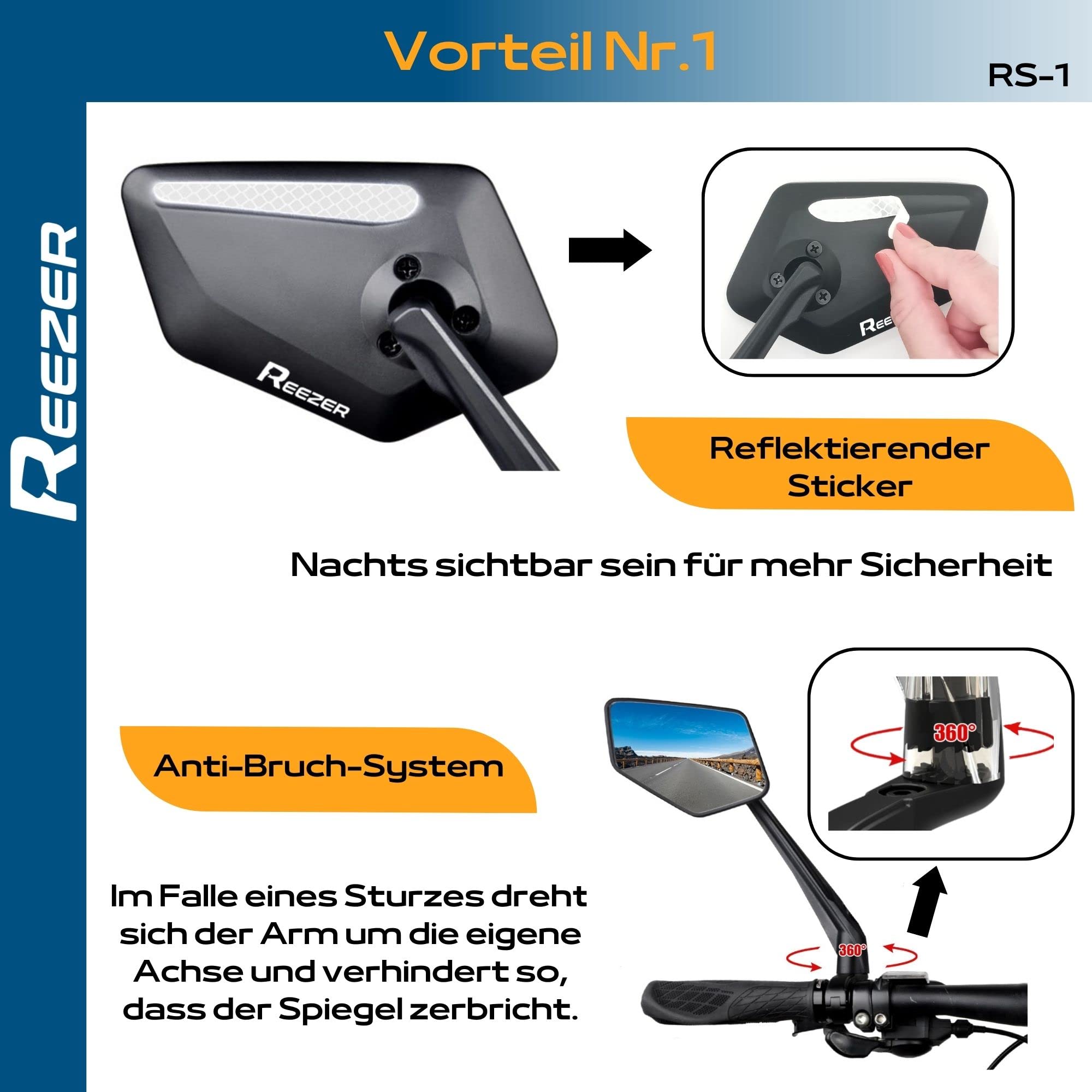REEZER Fahrradspiegel links mit extra großer Spiegelfläche - 360° verstellbarer Fahrrad Spiegel für E-Bike & E-Scooter Lenker - Rückspiegel kompatibel mit allen Modellen - LINKS
