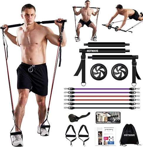 HOTWAVE Kit de barra de pilates con 6 bandas de resistencia. Barra plegable de 3 secciones con rodillo abdominal para entrenamiento de abdominales.