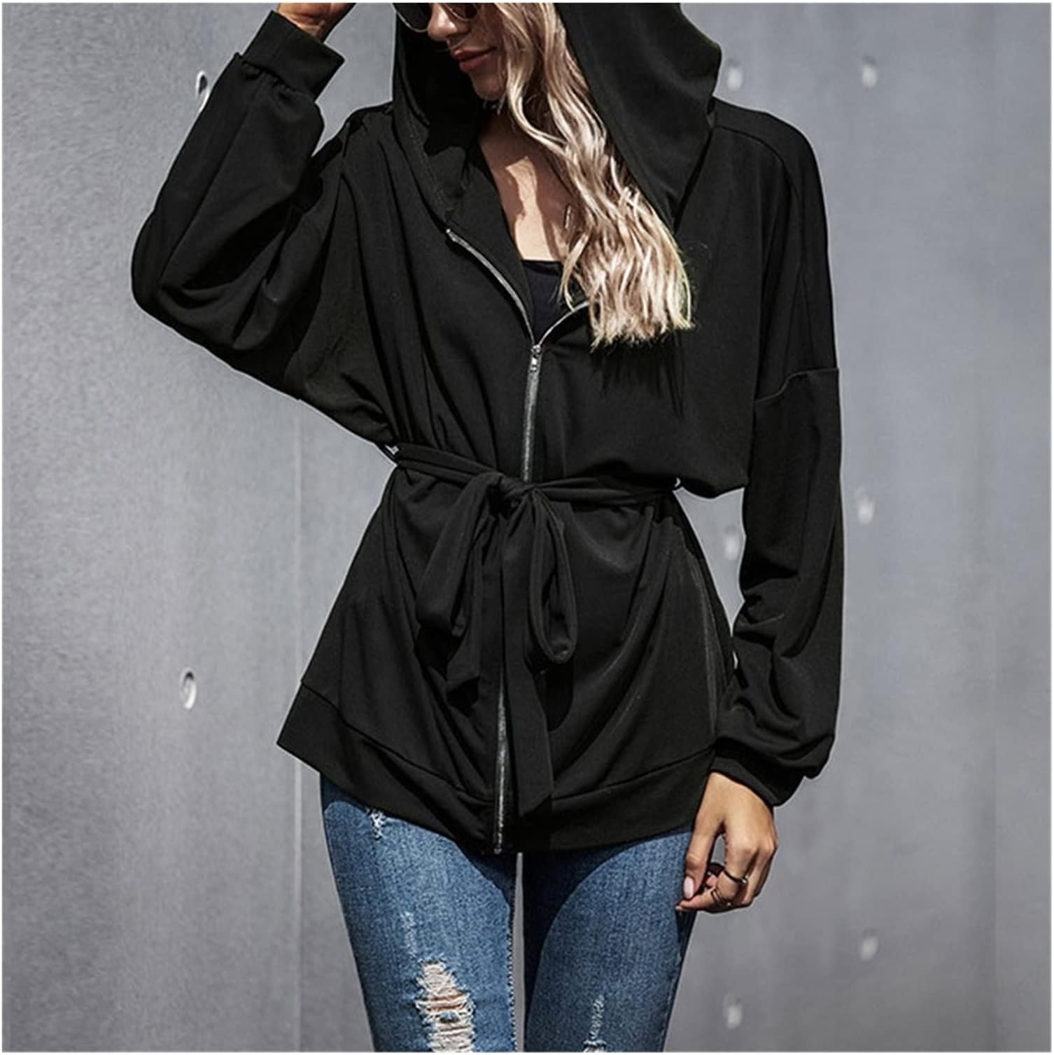 fvjkf Jackets Loose Slim Slim Tooling High Waist Fashion Casual Sports Long-sleeved Jacket Women (Color : Black, Size : Mcode)