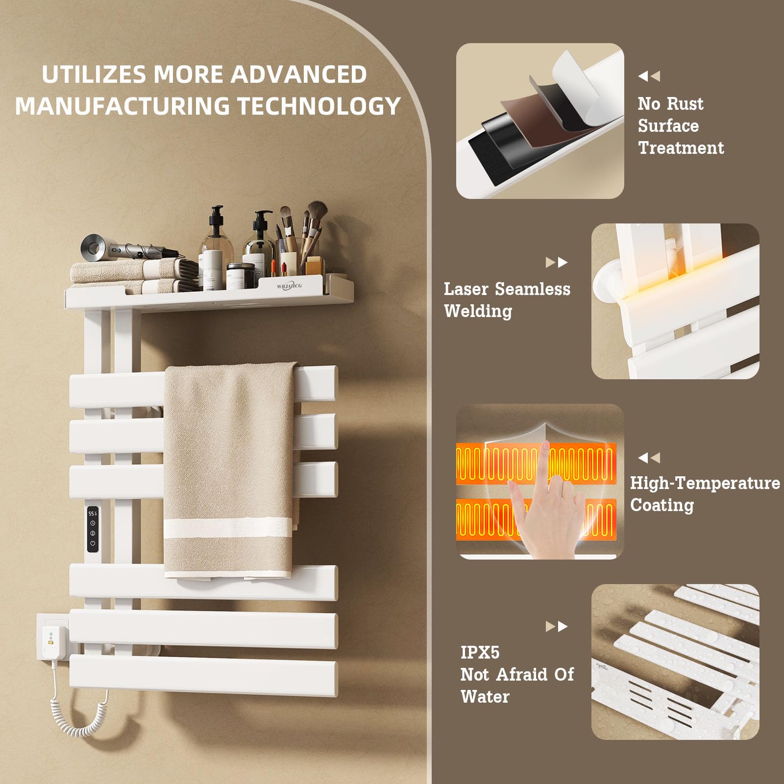 Scaldasalviette Elettrico Bagno Smart WiFi,Porta Asciugamani Bagno da Parete Controllo Vocale,Termoarredo Elettrico Bagno con Timer E Termostato,Termosifone 6 Barre,197W,Bianca