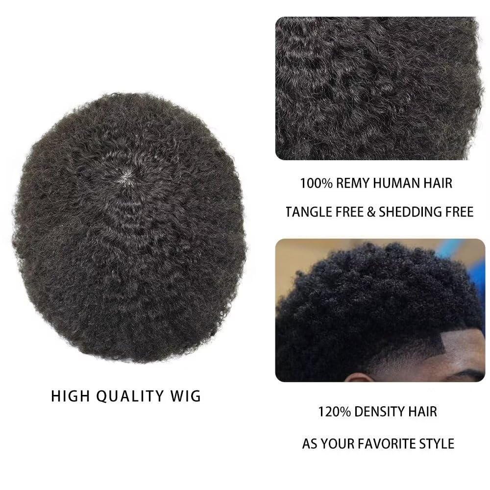 Afro Curl Toupee for Black Men Full Poly African American Mens Toupee Real Human Hair Units for Man Kinky Curly Black Hairpieces Male Hair Prosthesis Afro Wavy 10mm #1 Jet Black