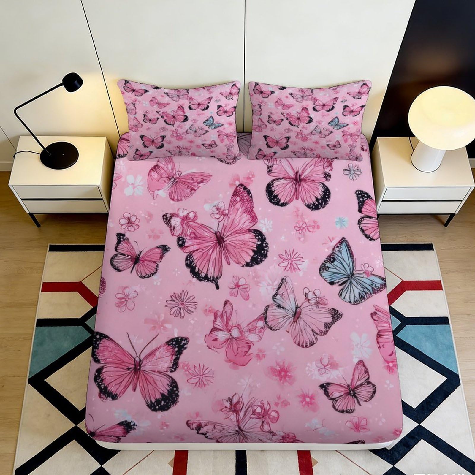 3D Printed Pink Butterfly Fitted Sheet Microfiber Soft Mattress Cover for Bedroom Guest Room Dorm Decorative Protection 90x200x25cm