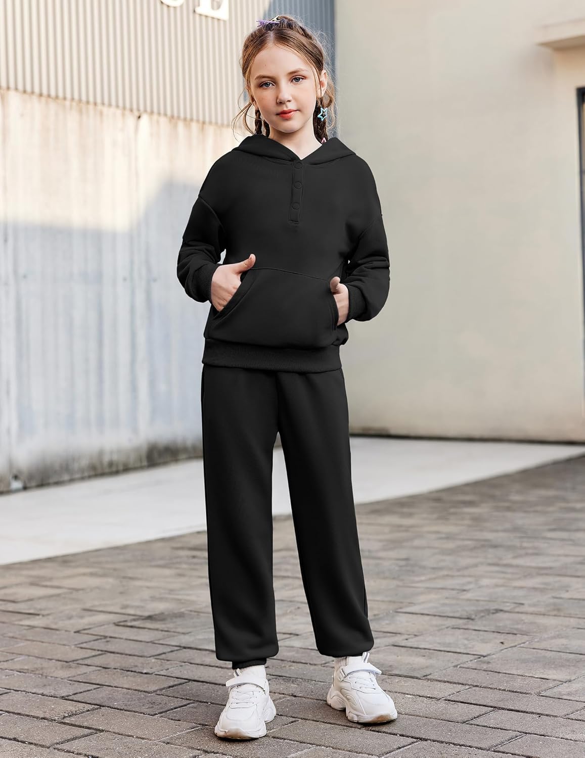 Arshiner Girls 2 Piece Outfits Fashion Sweatsuits Button Down Hooded Sweatshirt and Sweatpants with Pockets Kids Tracksuit - Image 8