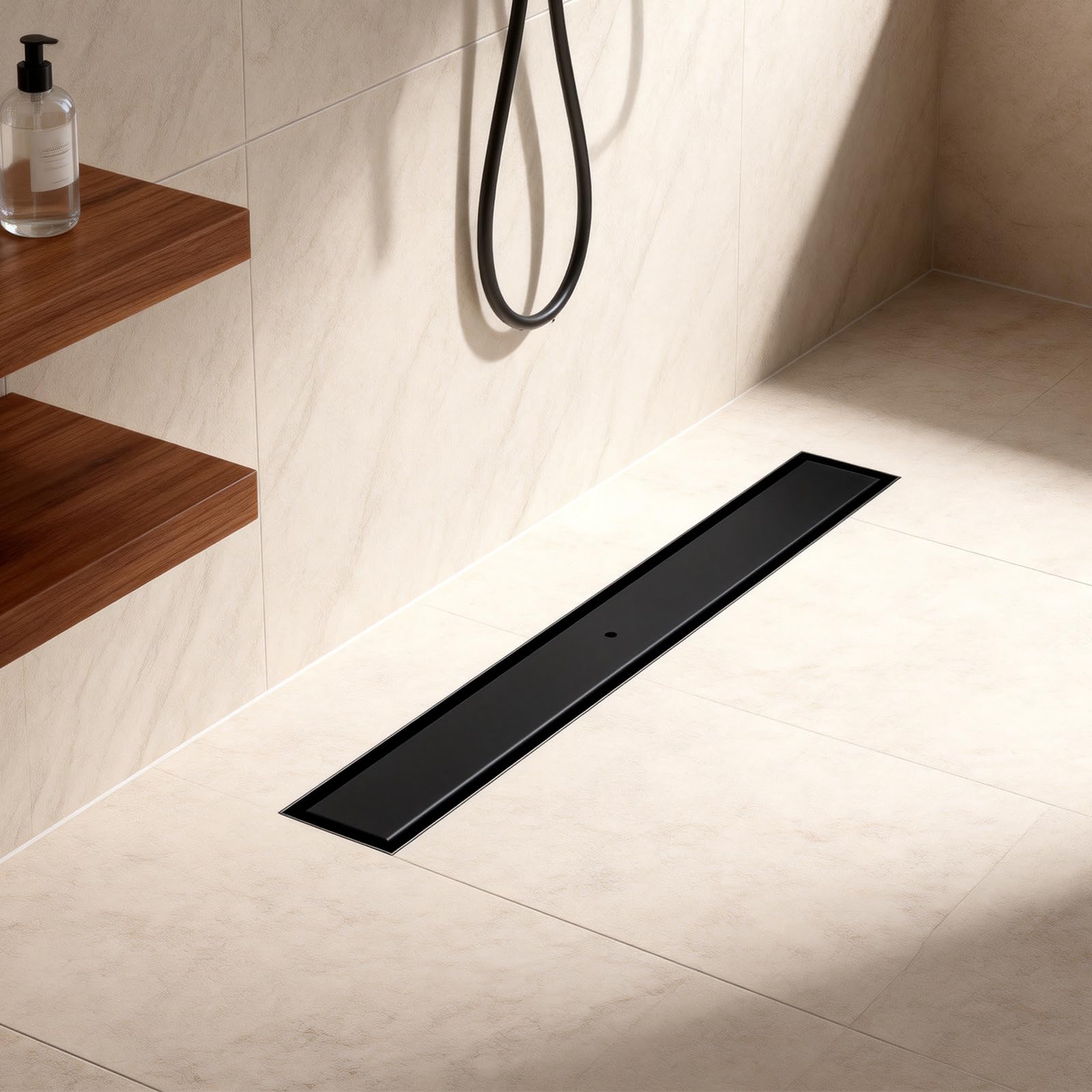 Canaleta para ducha con revestimiento de azulejos, 70 cm, color negro mate, sifón de 360° con filtro antiolores y filtro para el pelo, acero inoxidable 304, desagüe para el suelo, desagüe de