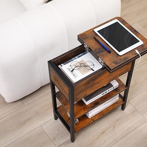 Miniatura 4 de Mesa auxiliar moderna con estación de carga, mesa auxiliar estrecha con puertos USB y tomas, mesita de noche abatible con estante de almacenamiento,