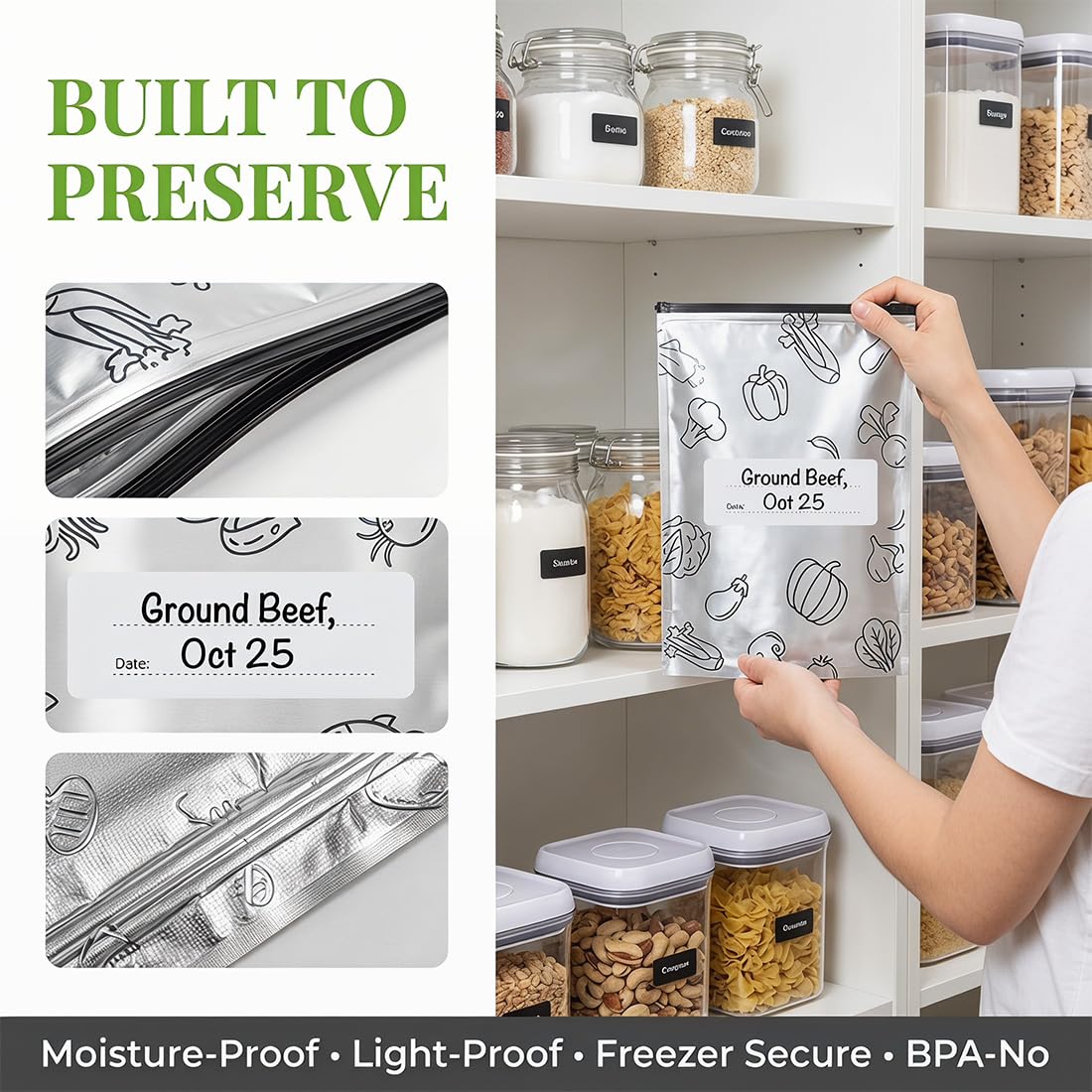 Bolsas de Aluminio Reutilizables para Almacenar Alimentos, Bolsas de Almacenamiento con Cierre Zip y Etiqueta, Bolsas Herméticas y Gruesas para Congelador, Verduras, Frutas y Carne (100 PCS,S+M+L)