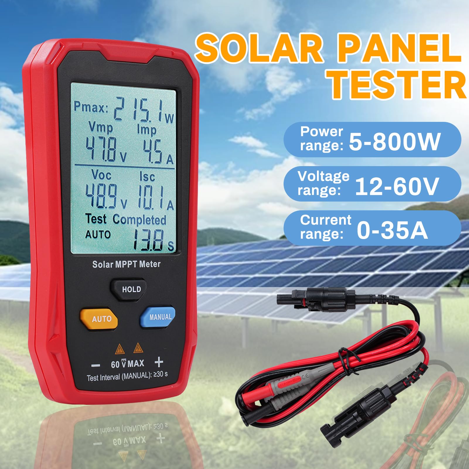Buyweek Tester for pannelli solari Multimetro fotovoltaico da 800 W con display LCD, misuratore di potenza for pannelli solari MPPT