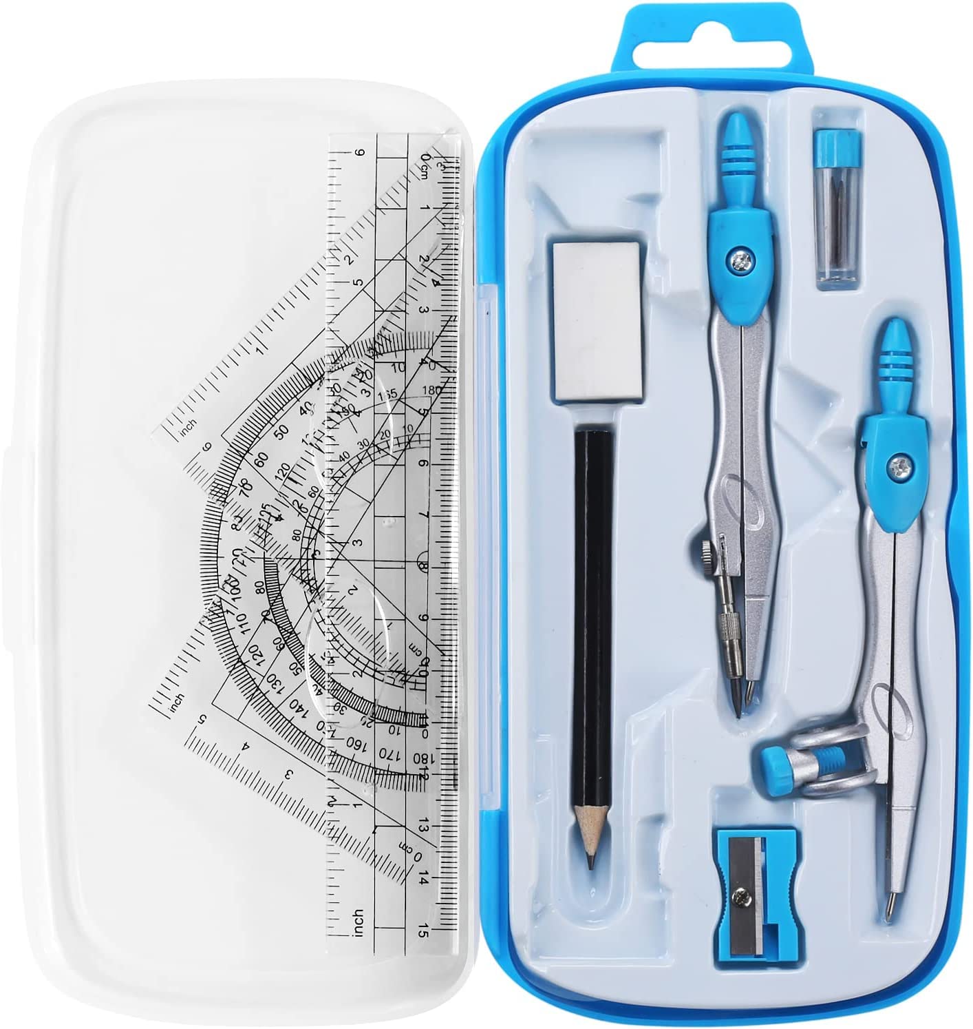 10 Piece Mathematical Geometry Kit Set, Ruler and Compass Set, Safe and Durable, Comes with Defender Box, Include Ruler, Protractor, Eraser, Compass, Pencil, etc, for School, Drawing (Blue)