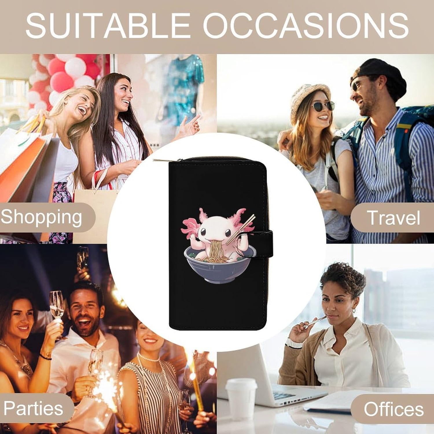 Axolotl Eating Ramen Noodles Women's Long Wallet Leather Large Capacity Wristlet Clutch Purse Wallets