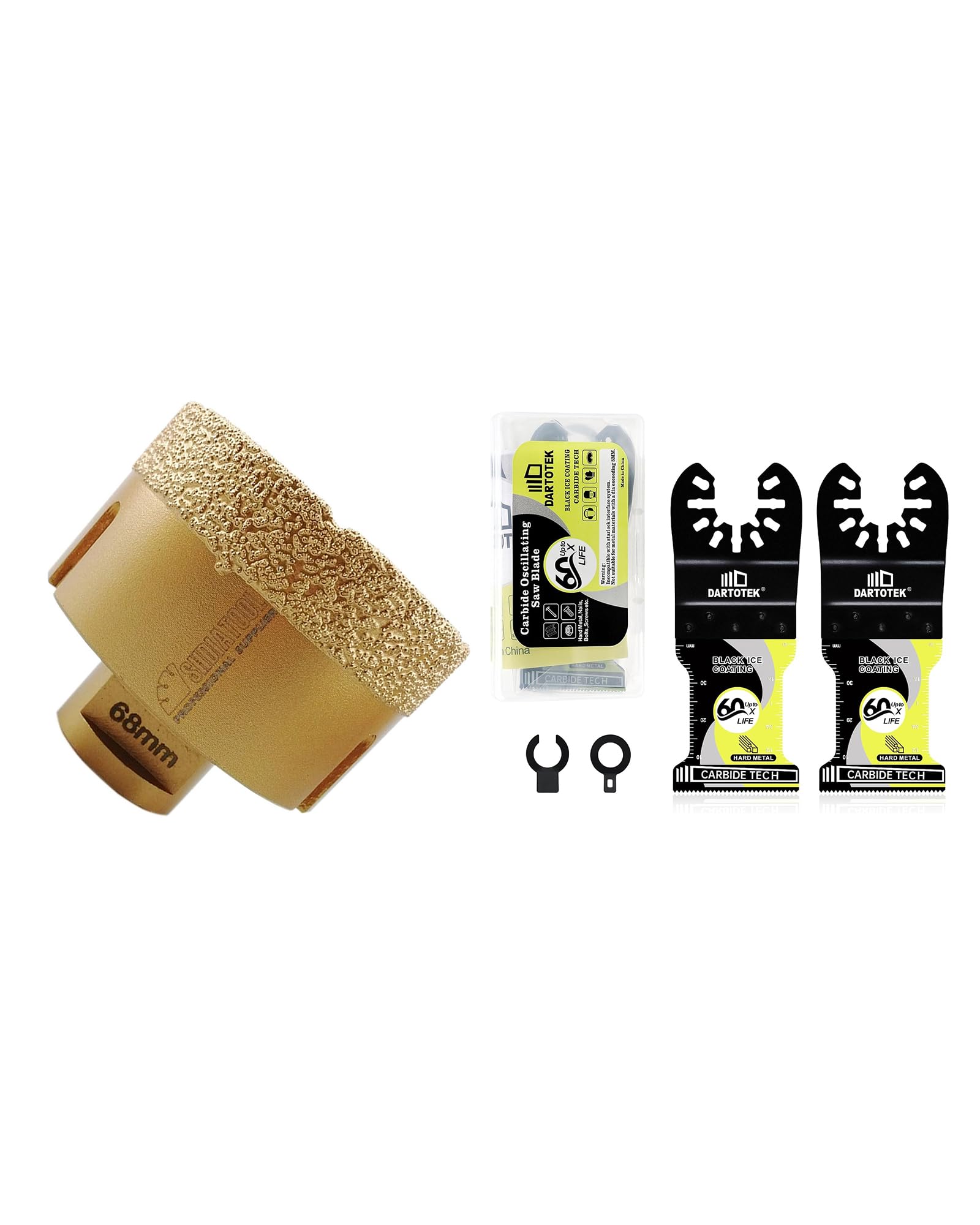 Foret diamant 68mm SHDIATOOL et lames de scie oscillante DARTOTEK