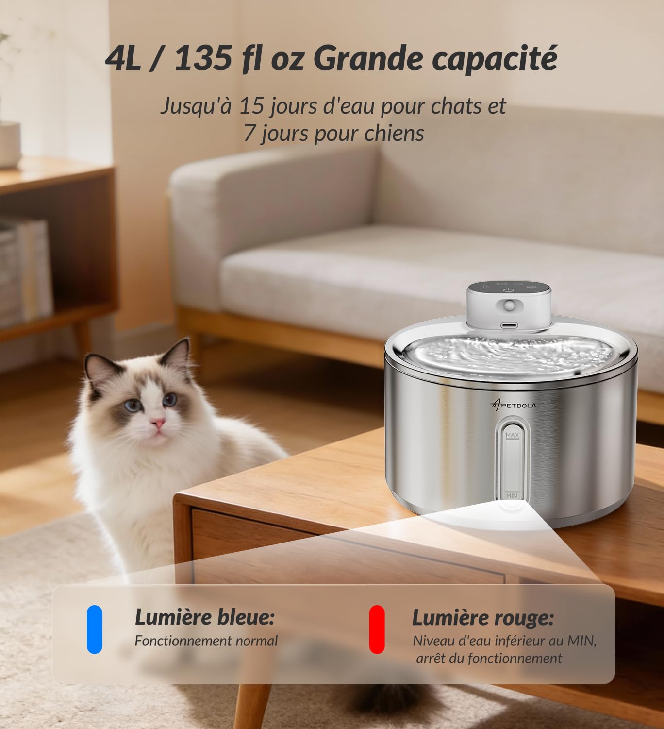 Apetdola FS40Pro Fontaine à Eau pour Chat, Fontaine à Eau pour Chat sans Fil Équipé d'une Batterie de 5000 mAh, 135fl-oz/4L ontaine a Eau pour Fontaine pour Chat