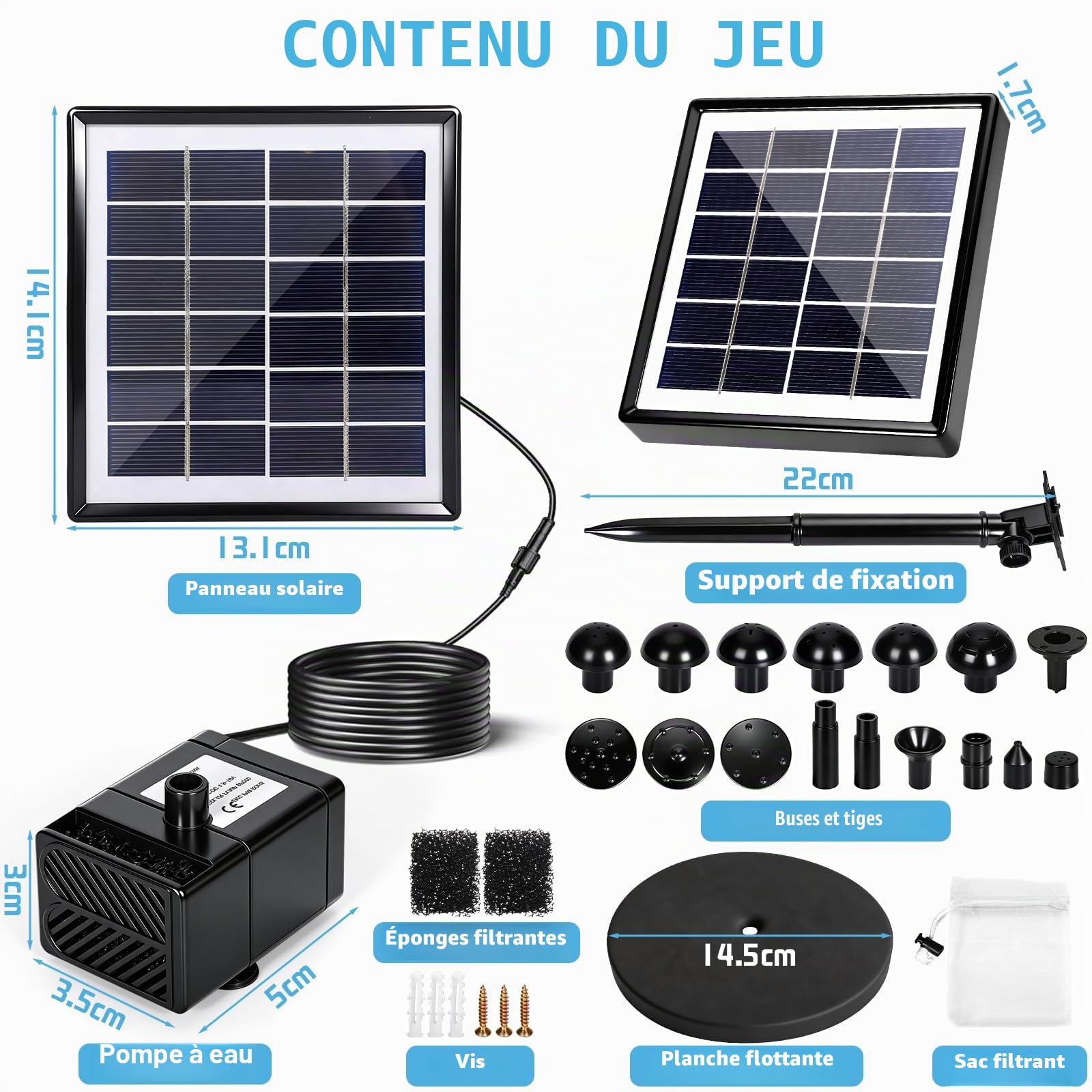 Pompe Solaire Bassin, 2W Pompe A Eau Solaire Et 15 Buses, Fontaine Solaire Exterieure De Jardin, Bassin, Fontaine Exterieure De Jardin pour Bain d'oiseaux, Piscine pour Animaux Et Hydroponie