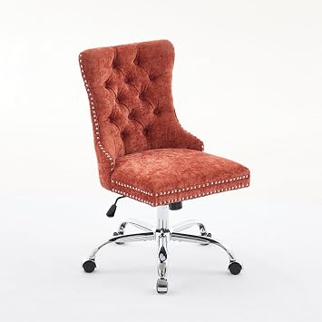Warmiehomy Armless Home Office Chair - Chenille Upholstered Tufted Button Vanity Chairs with Wheels - Adjustable Desk Chair for Home Office Bedroom Living RoomOrange