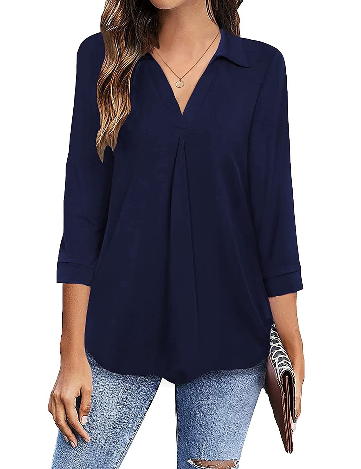 HANERDUN Blusas Mujer Elegantes Camiseta de Manga 3/4 V T Shirt con Cuello Verano Top Túnica