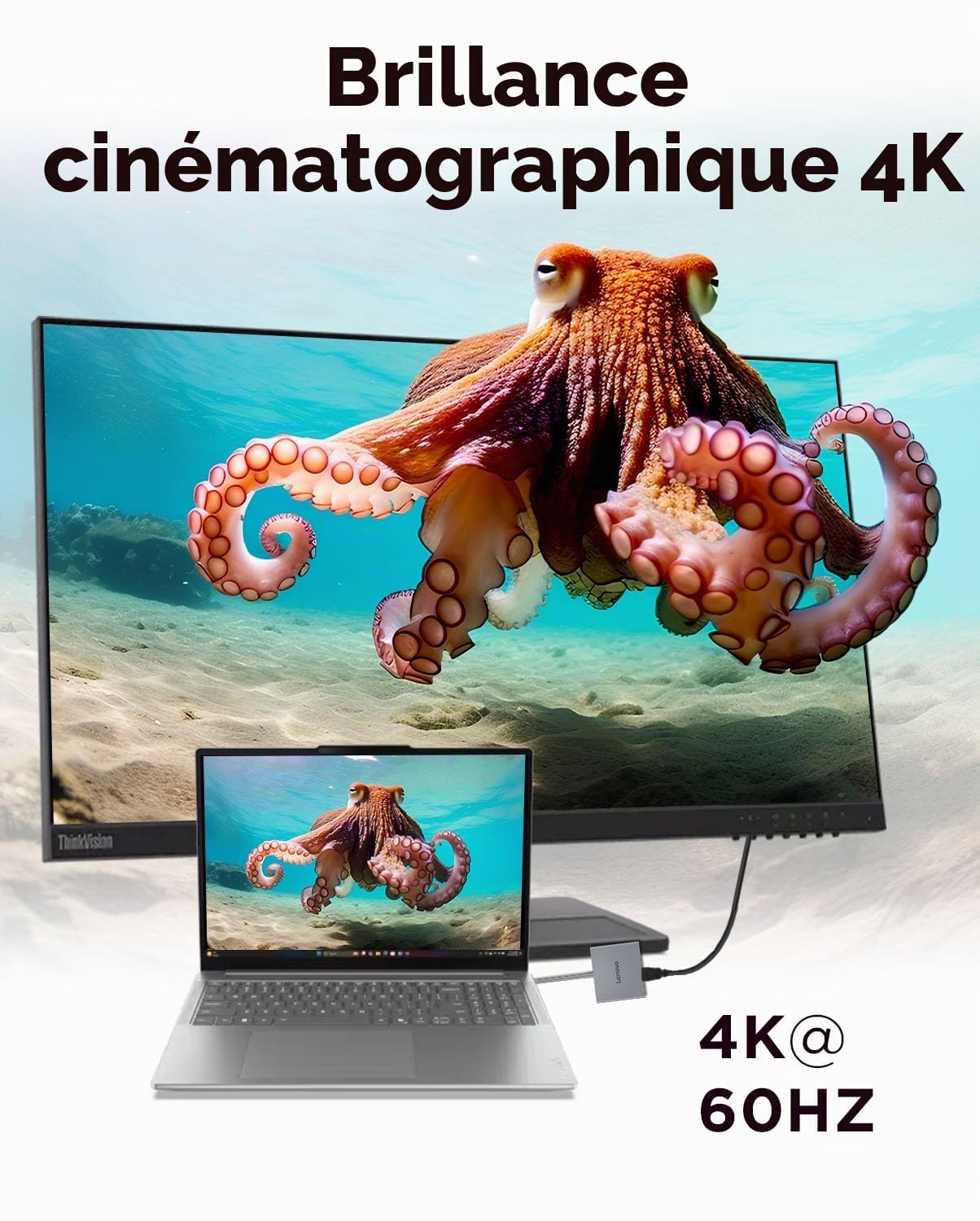 Lenovo Lenovo Hub de Voyage USB-C 4 en 1 avec câble intégré, 1 HDMI 4K @ 60 Hz, 2 Ports USB-A 3.2, 1 Combo de 3,5 mm, Portable, Compact, Haute Vitesse pour Ordinateurs Portables PC - Gris