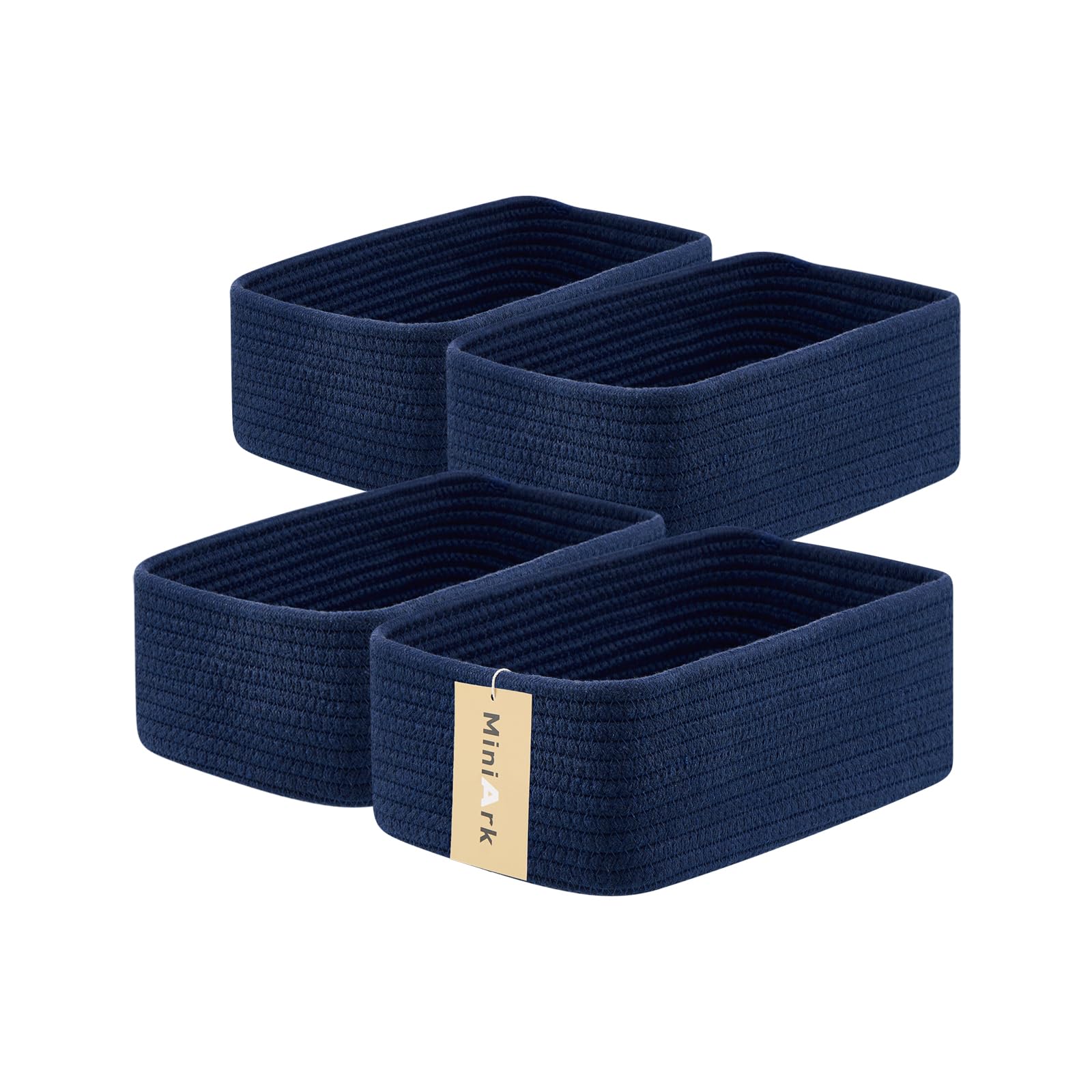 MiniArk Small Storage Baskets for Organizing | Closet Organizer Bins | Shelf Toy Basket | Woven Rope Baskets | Cube Decorative Box | Shallow Basket | 11.5x7.5x4.7” | 4 Packs Navy Blue