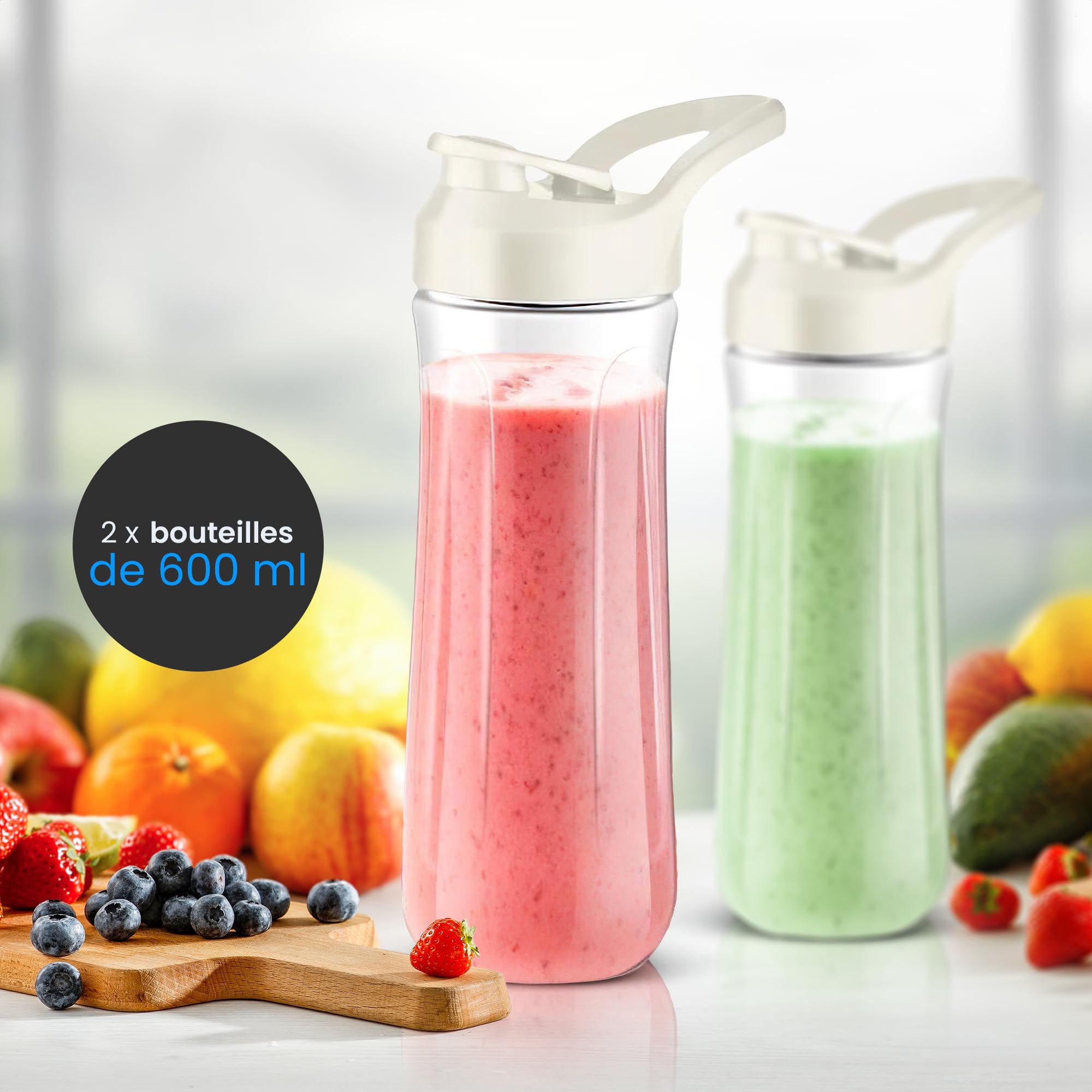 Mixeur Électrique avec 2 Bouteilles Portables de 600 ml sans BPA pour Smoothies | Mixeur Multifonctionnel pour Milkshakes Fruits | 6 Lames en Acier Inoxydable