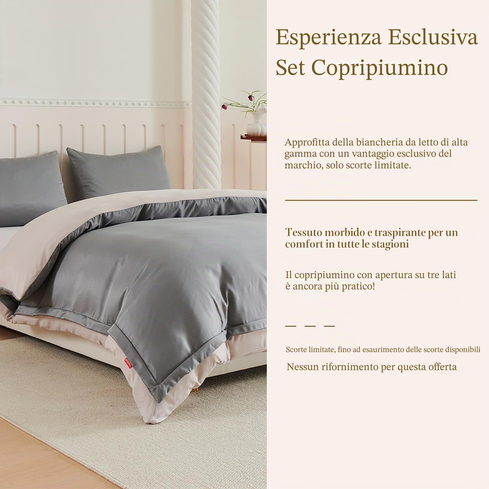 Set di biancheria da letto 4 pezzi, con cerniera su 3 lati, poliestere antistatico ultra-delicato e seta-liscio, design a due lati (Grigio & Crema), offerta vantaggiosa del marchio (2 * 135 x