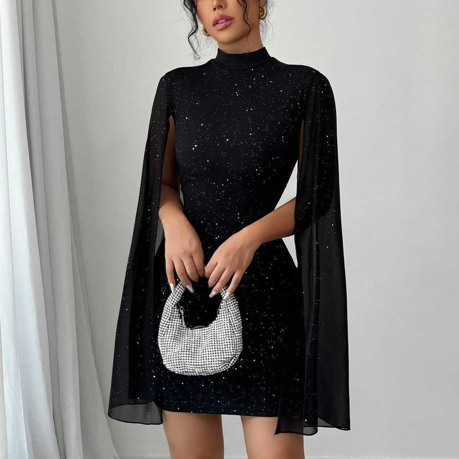 Robe Femme Sexy Manches Longues Bodycon Mini Robes Moulante Chic et Élégante Wrap Robe de Soiree Décontractée Col Haut Courte Robes Fourreau de Clubbing Cocktail Fête