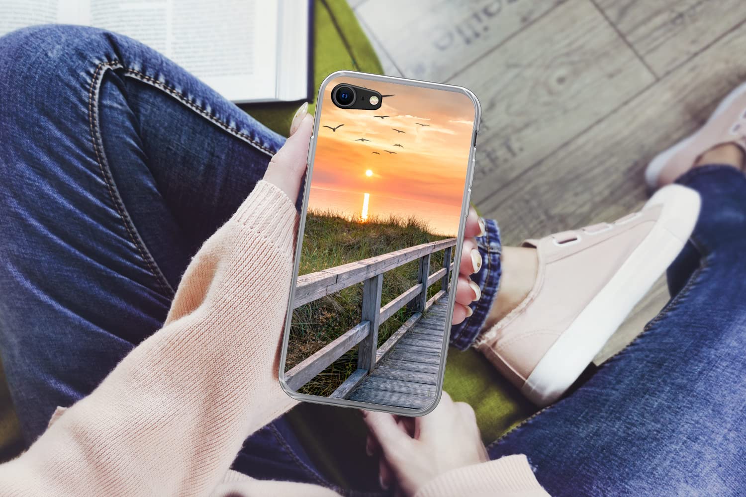 MuchoWow Funda para iPhone 7 - Puesta de Sol - Mar - Camino - Hierba - Duna - Pájaros - Funda de Silicona/Funda Blanda para teléfono móvil