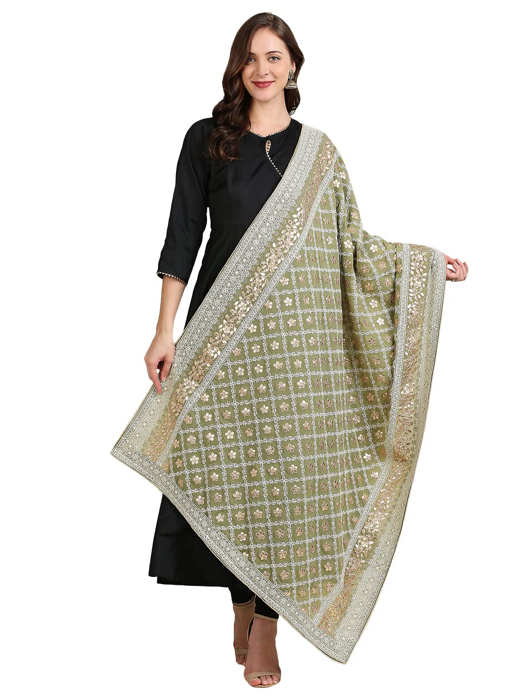dupatta bazaar Women's Olive Green Georgette Lucknowi Work dupatta with Gotta Patti Work-picture-39