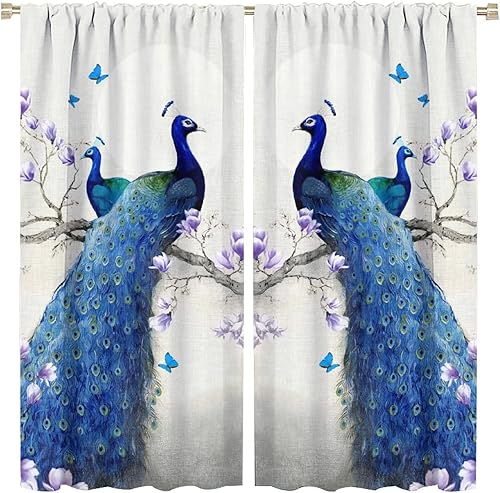 Miniatura 104 de Cortina opaca con estampado de pavo real, con estampado de animales retro, con bolsillo para cortinero y flores de peonía doradas, para dormitorio,