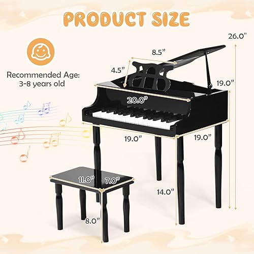 Miniatura 7 de Goplus Piano clásico de 30 teclas para niños, mini piano de cola de madera para aprender a tocar instrumento musical con banco, tapa de piano,