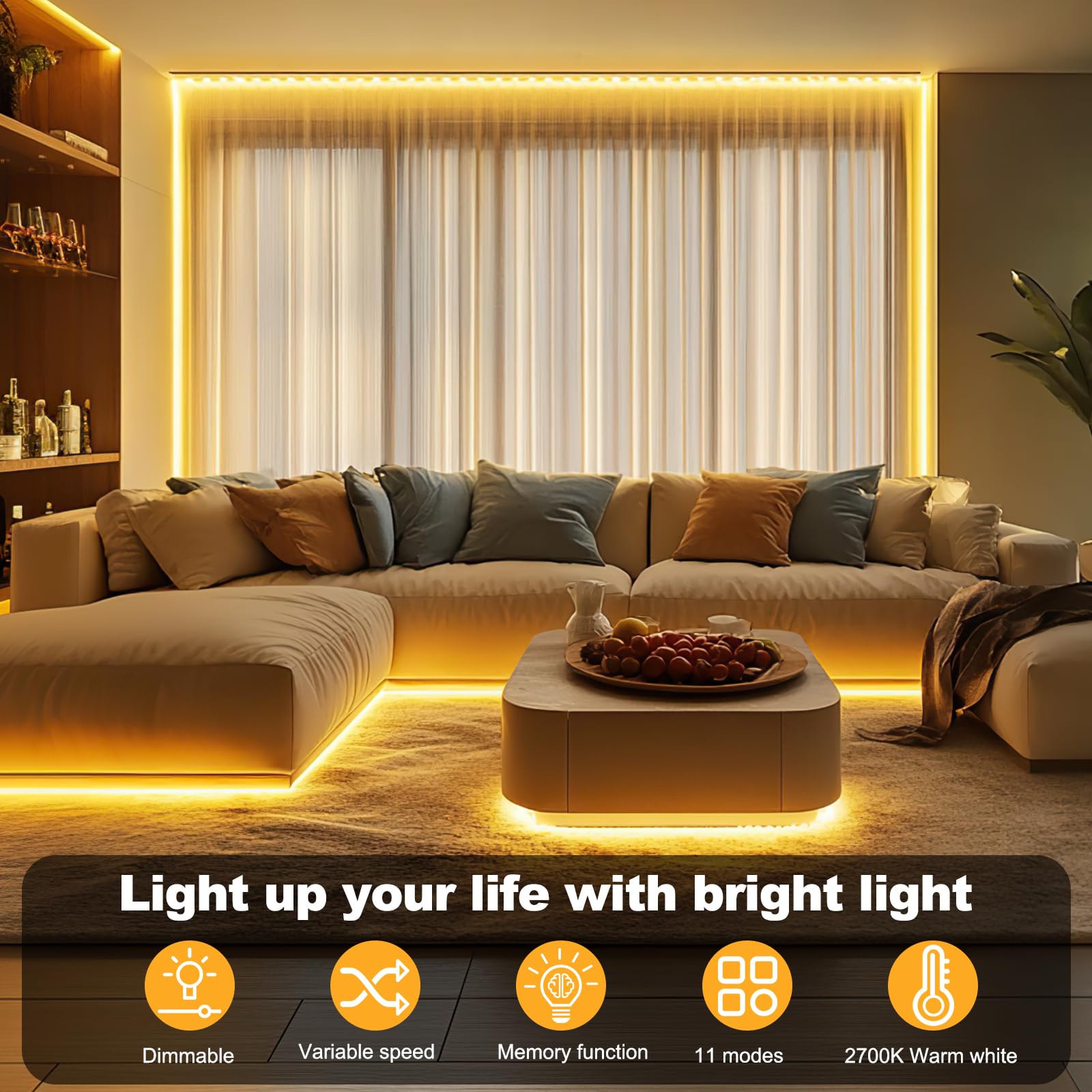 Striscia LED Striscia LED COB 5m, Banda LED 2700K Bianco Caldo Dimmerabile con Telecomando, Striscia LED Autoadesiva 24V, 36W Illuminazione TV LED Molto Luminosa per Cucina, Soggiorno, Scale