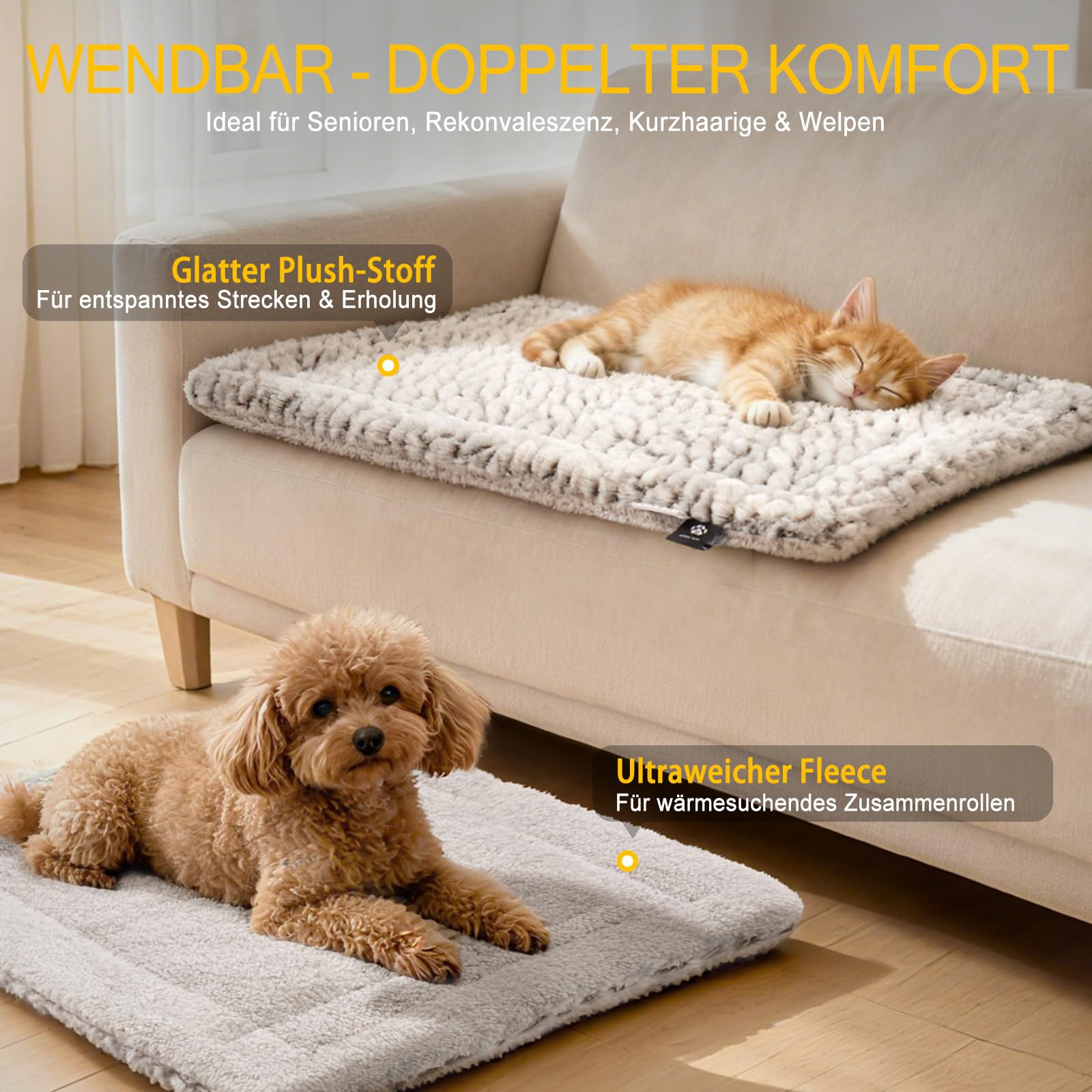 Mora Pets Wärmedecke für Katze Selbstheizende Katzendecke Selbstwärmend Decke Heizdecke für Katzen und Hunde Ohne Strom, Katzendecke Flauschig & Weich, Wendbar - Doppelter Komfort, 70 x 46 cm