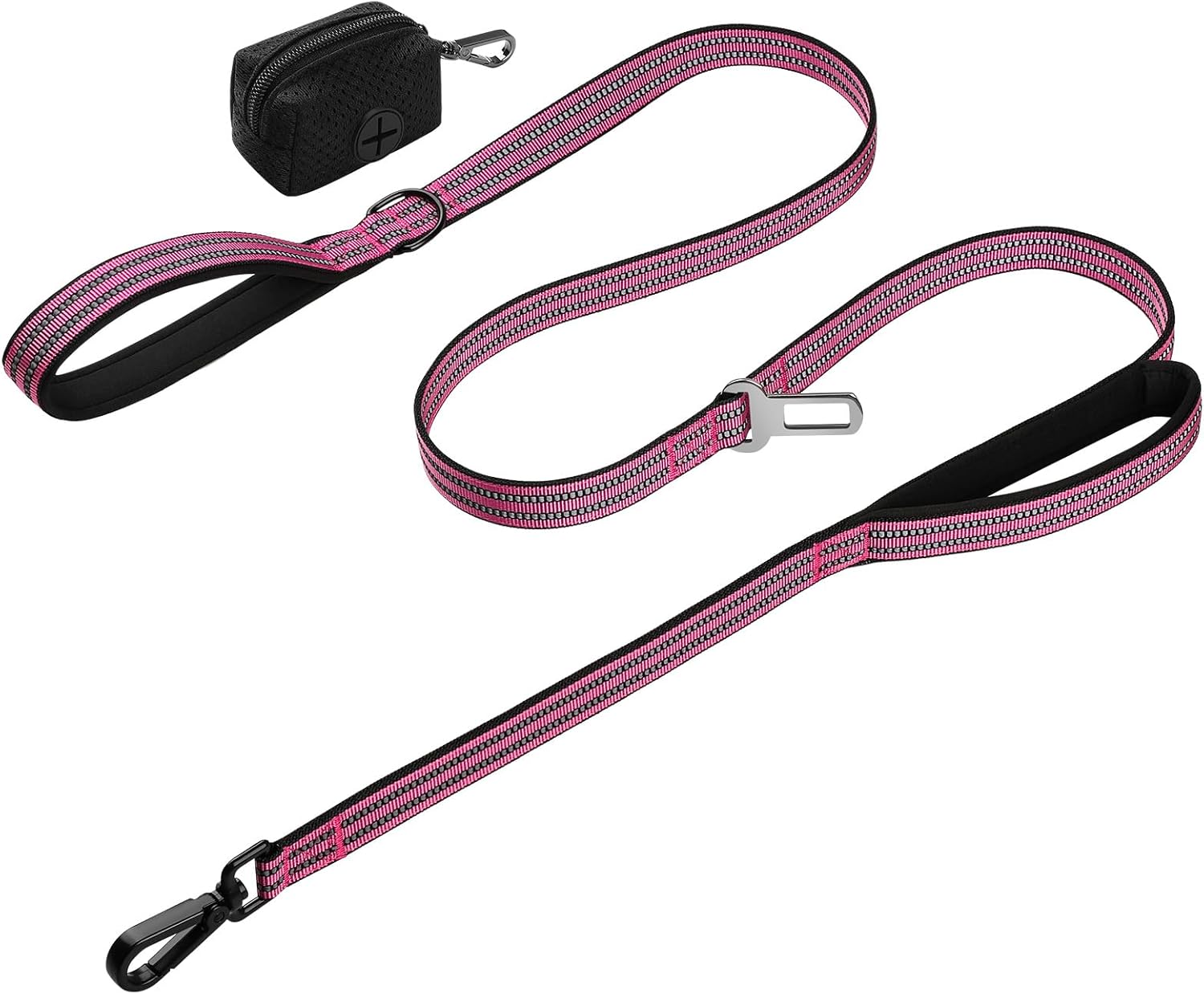 WINGOIN Dog Leash for Large Medium Small Dogs, Heavy Duty Dog Leashes with Double Handle, Poop Bag Holder, Car Seat Belt Buckle, Reflective Tactical Pet Lead for Walking, Training (Pink, 6FT)