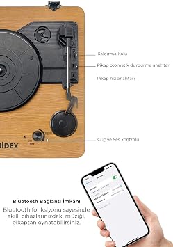 Midex MTX-256X Şarjlı Bluetooth Pikap Plak Çalar, Ahşap, Hoparlörlü, İğne Dahil