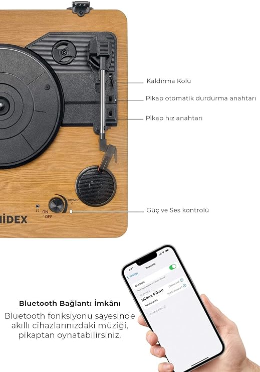 Midex MTX-256X Şarjlı Bluetooth Pikap Plak Çalar, Ahşap, Hoparlörlü, İğne Dahil