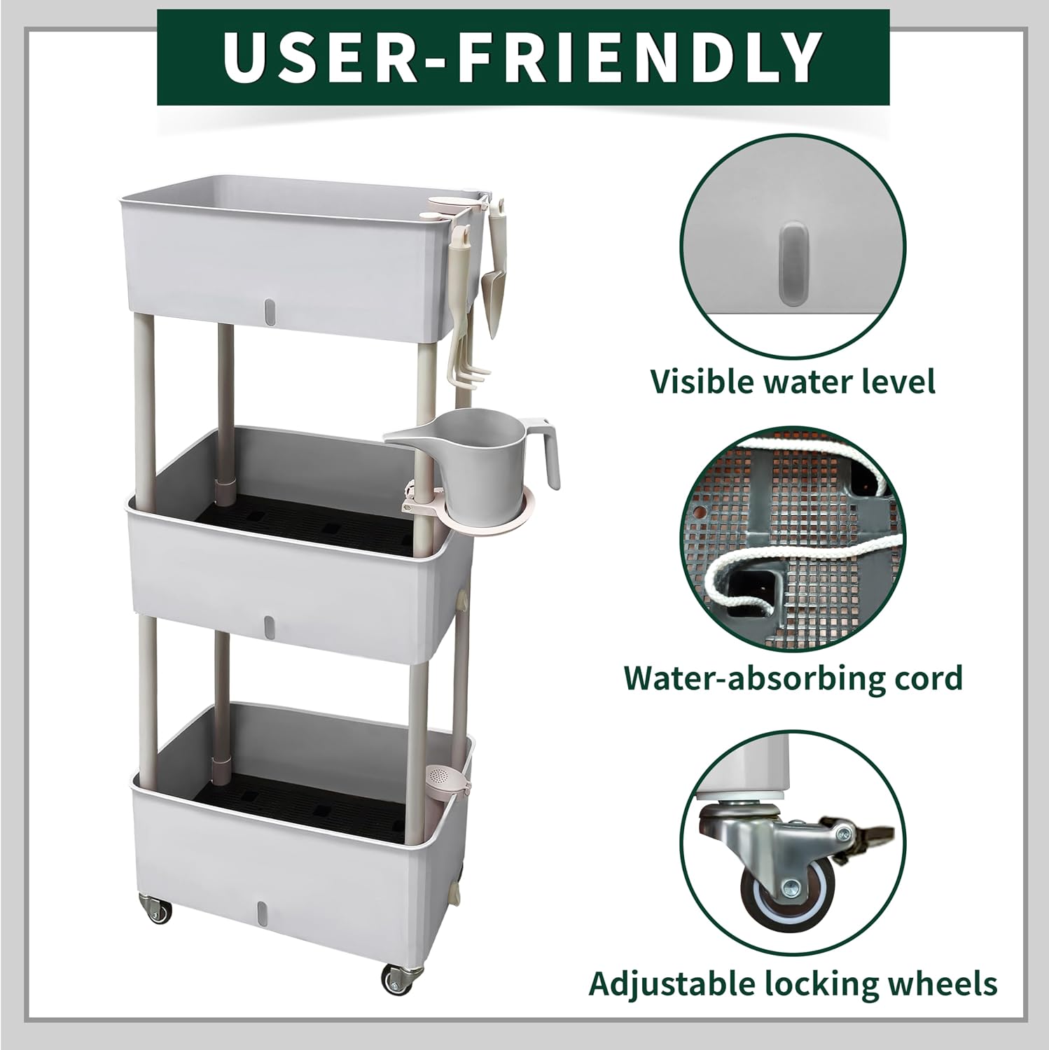 3-Tier Rolling Raised Garden Bed with Wheels, 46.7" H x 18.3" L x 10" W, Gray PP Plastic Planter Box for Vegetables Herbs Flowers Outdoor - Portable, Durable, Rustproof