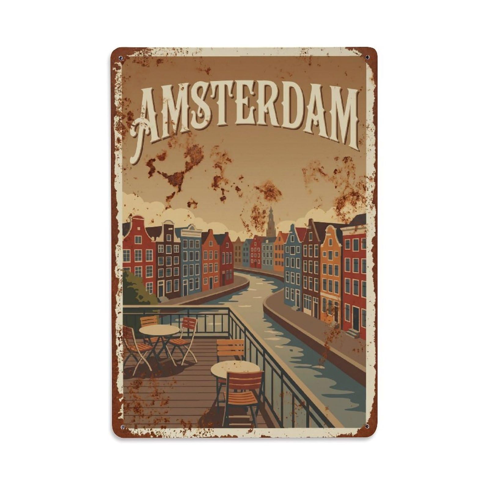 Okngb Style Canal Terrace Vintage Old Town Amsterdam Travel Culture Metal Tin Sign Plaque Wall Decor For Cafe, Man Cave, Club Bar, Office, Home Garden Round Metal Poster 8X12inch