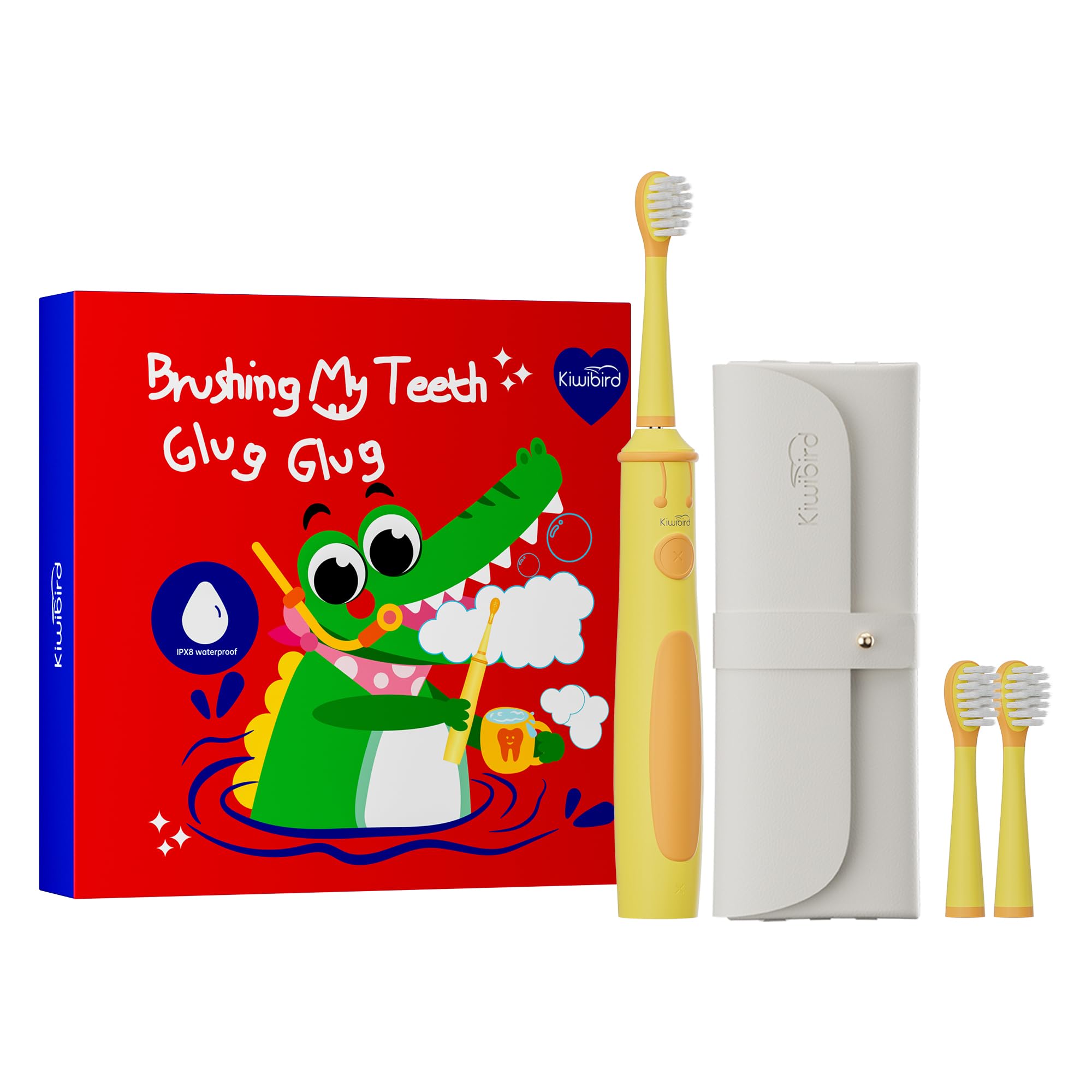 KIWIBIRD Kids Electric Toothbrush for Ages 3–10, Toddler Sonic Toothbrush with 4 Modes & Soft Silicone Bristles, 2-Min Timer Pressure Sensor, 45-Day Rechargeable Battery, Waterproof (Yellow)