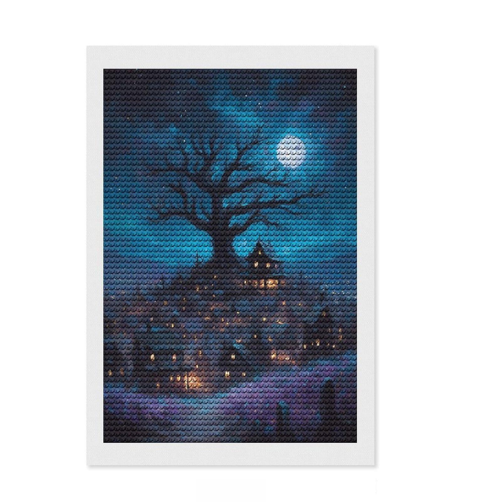 Junmoney Eerie Village Under Moonlight Diamond Art Canvas 8"x12", for Beginners, Printed Canvas, Farmhouse Decor, Birthday Gift, Relaxing DIY Hobby