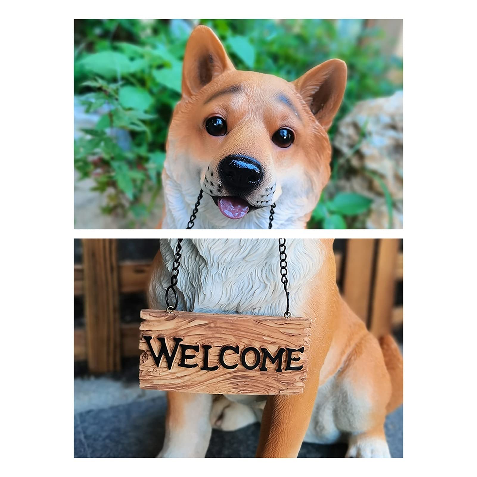Estatua de Perro Akita Sentado, Figura de Cachorro con Cartel de Bienvenida, Escultura de Animal de jardín, decoración de Bienvenida para Patio de Resina de 17,3" de Alto