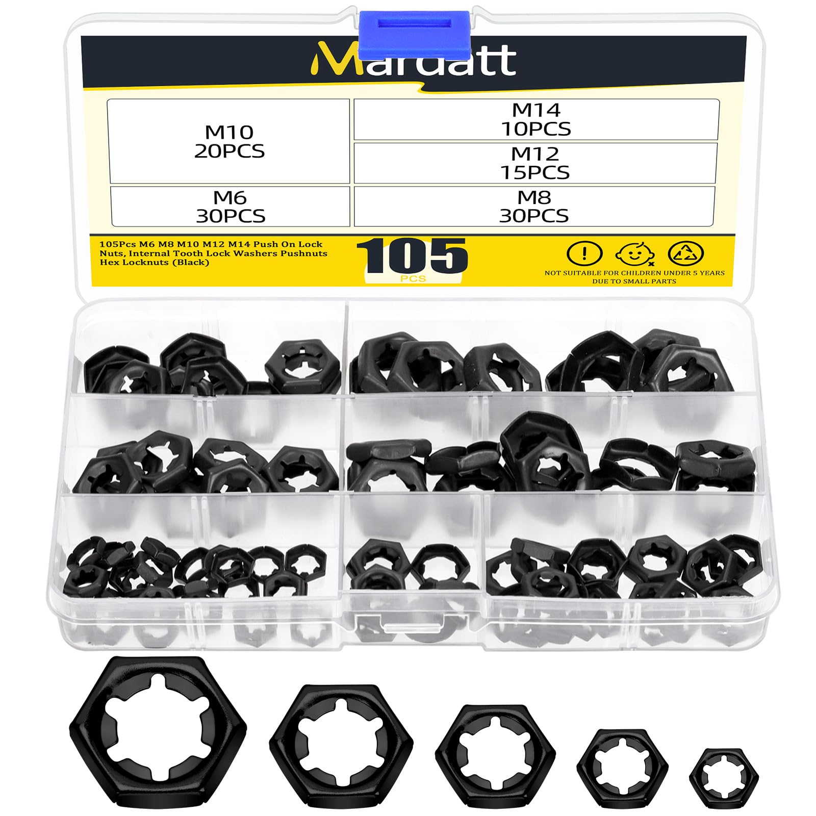 Mardatt 105Pcs M6 M8 M10 M12 M14 Push On Lock Nuts, Internal Tooth Lock Washers Pushnuts Hex Locknuts (Black)