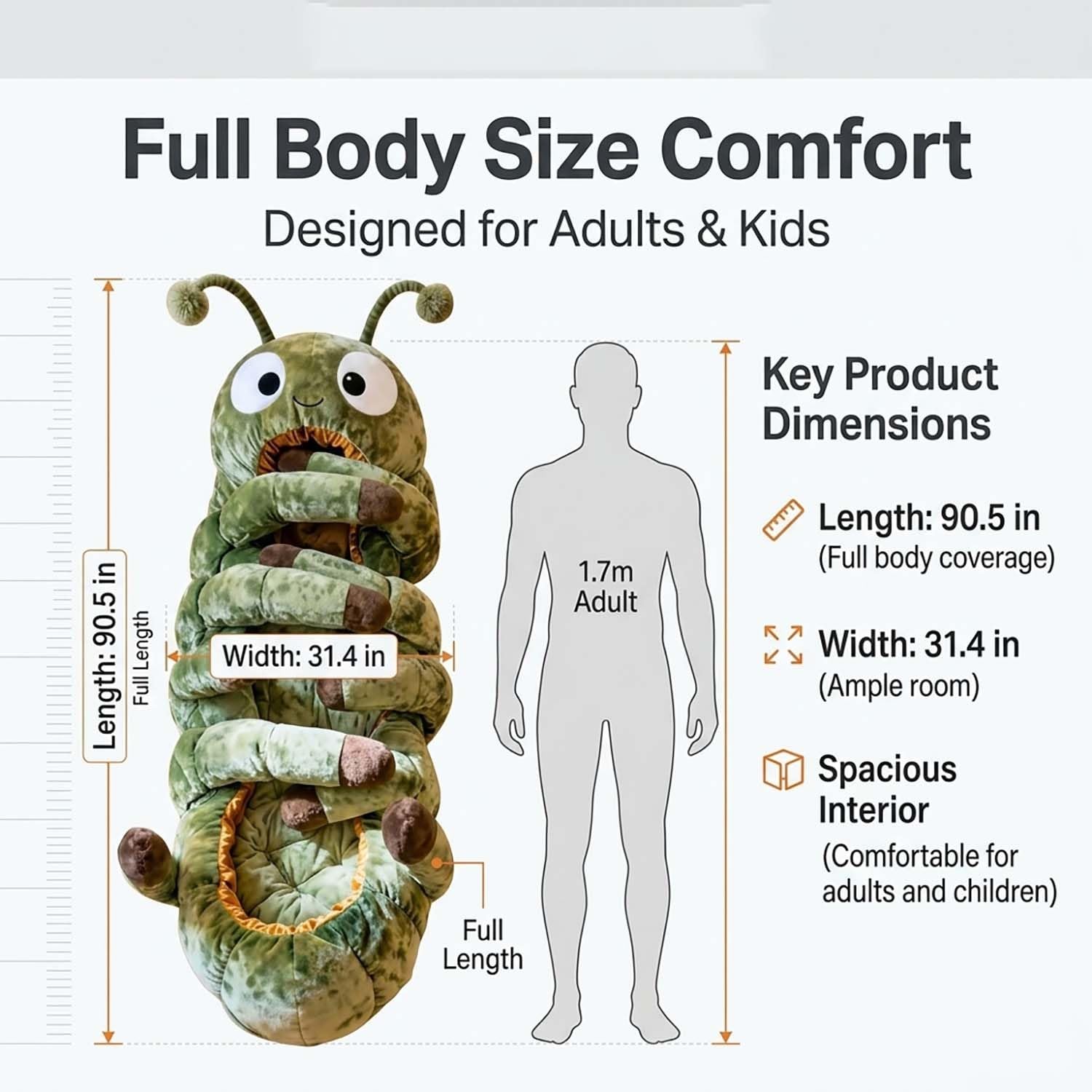 Hugging Caterpillar Sleeping Bags, Caterpillar Shaped Sleeping Bags for Adults Kids, Plush Cocoon Full-Body Lounger Indoor Nap Pod, Pull Cord Hugging System Cozy Reading Nest — view 7