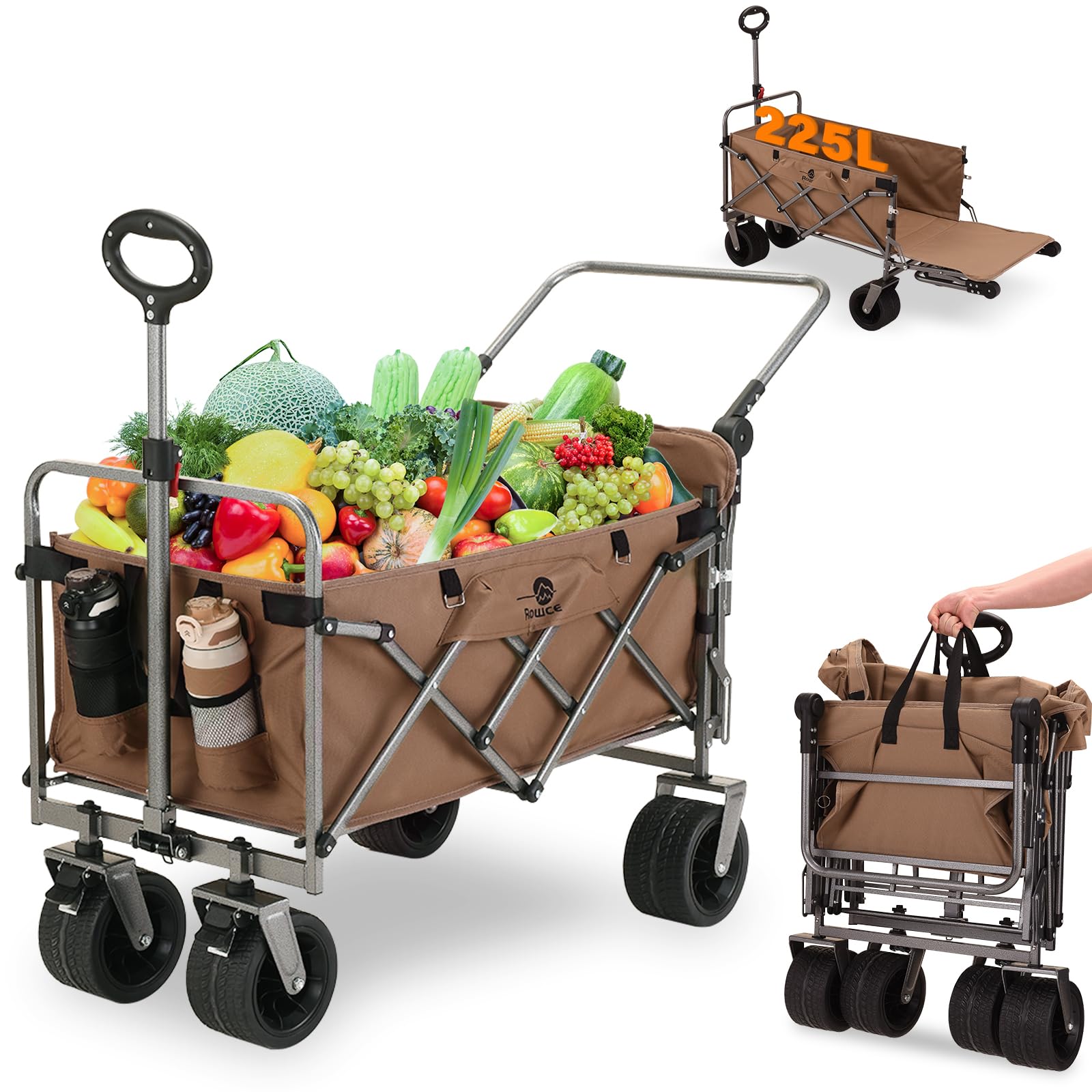 Carrello da Spiaggia 225L, 17×10cm Ruote Grandi con Freno, Spingere&Tirare Carrello Pieghevole con Portellone Posteriore, Carrello da Giardino per all'aperto Ogni Tipo di Terreno
