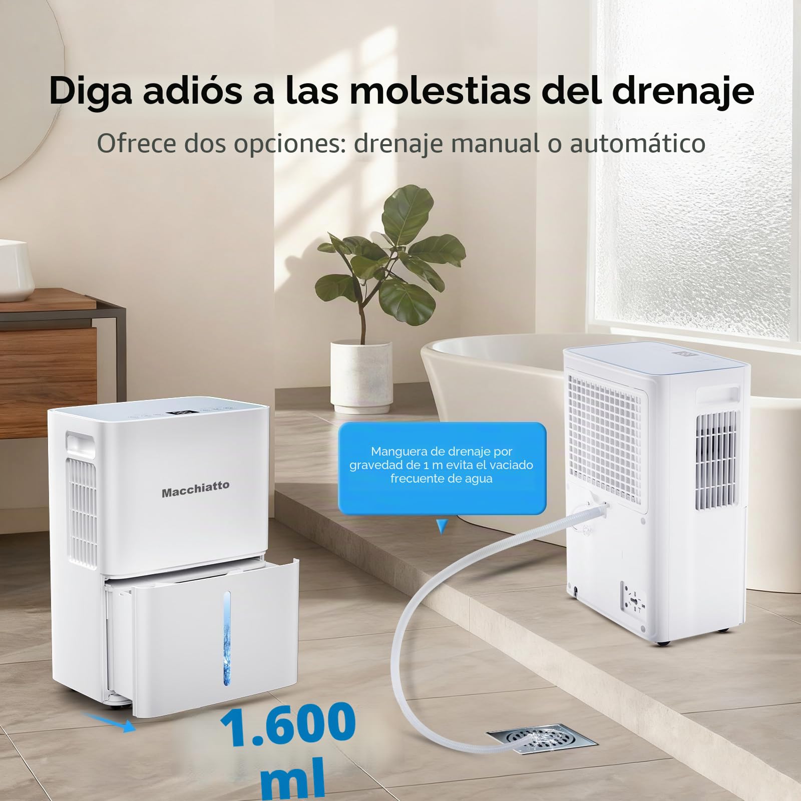 Macchiatto Deshumidificador de 16 l/día, Minuterio 1-24H, 3 Modo, funcionamiento automático, silencioso, con rueda universal y manguera de desagüe de 1m
